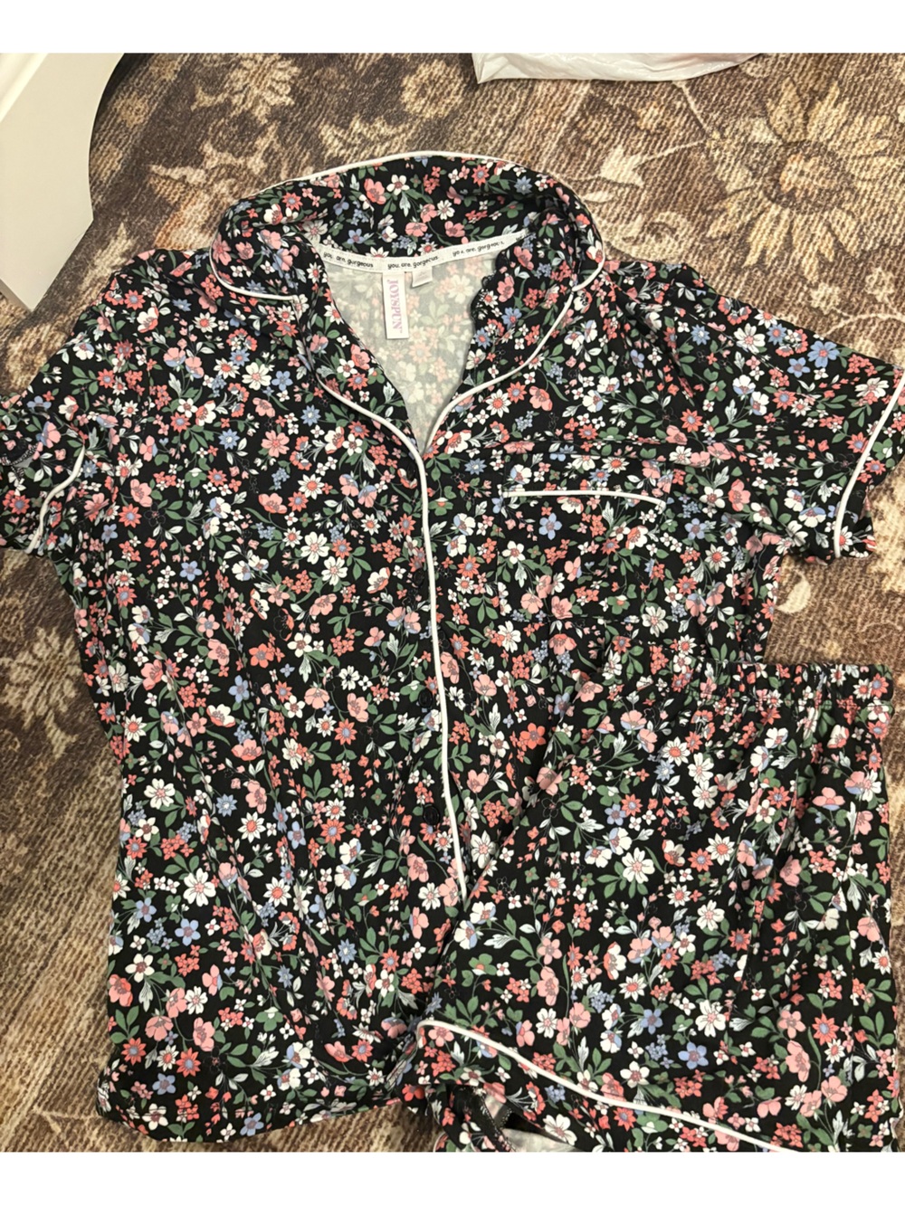 Floral Short Sleeve Pajama Set - Black Base with Pink & White Flowers